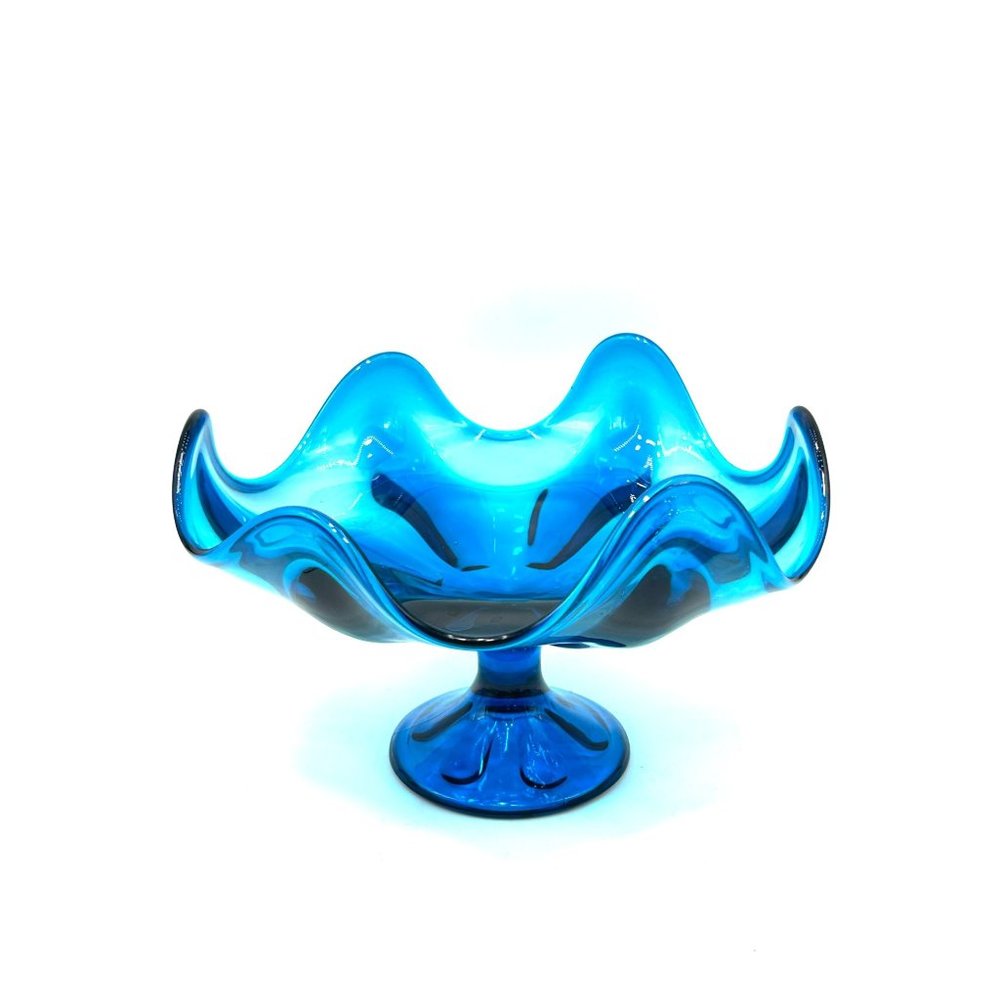 Vintage Bright Blue Compote Dish MCM Viking Art Glass Pedestal Bowl Dish 6 Point